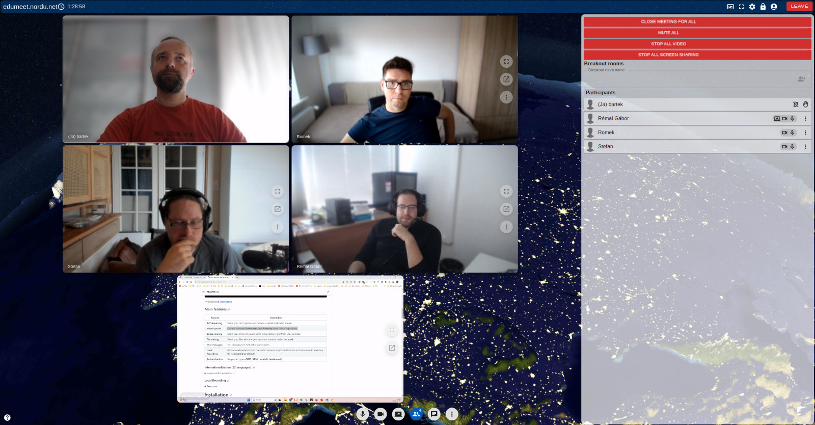 eduMEET v4.0 demo with core developers Bartlomiej (Bartek) Idzikowski and Roman Drozd, PSNC; Stefan Otto, Sikt; Gábor Rémai, KIFÜ