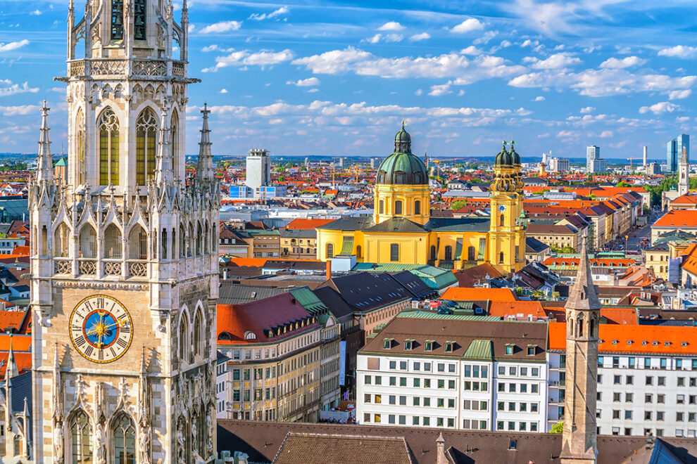Munich skyline with Marienplatz town hall in Germany