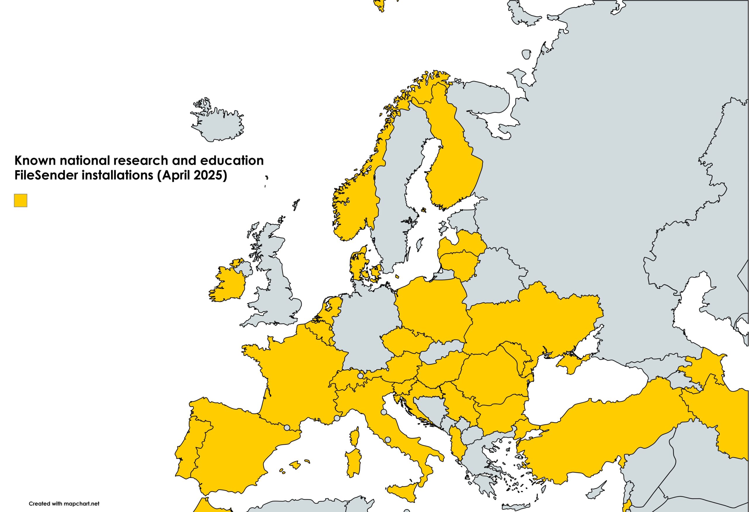 Map of known national research and education FileSender installations in Europe - April 2025