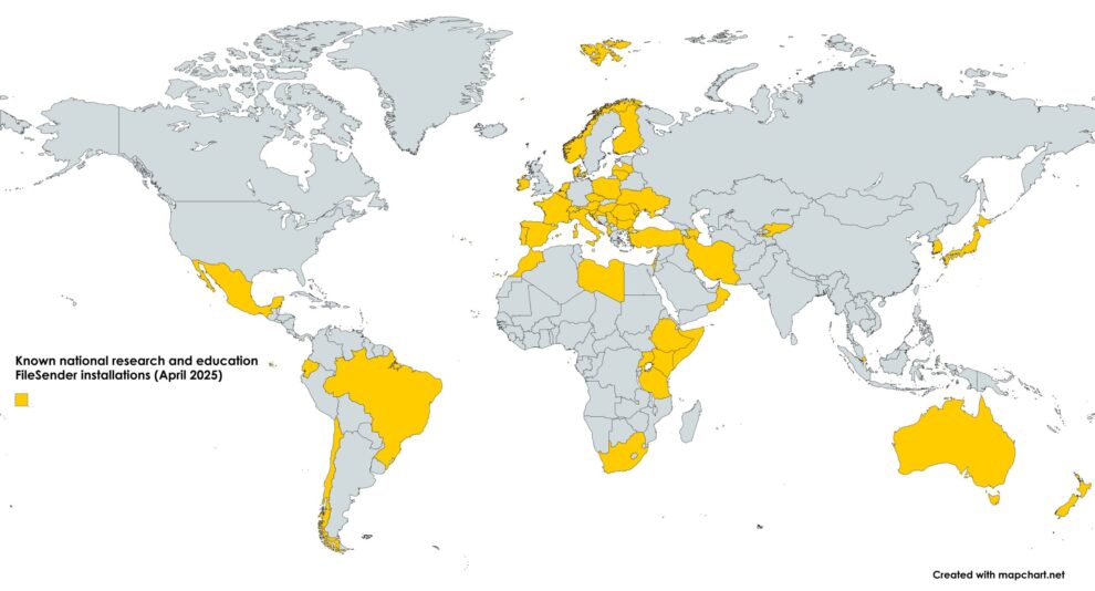 Map of known national research and education FileSender installations - April 2025