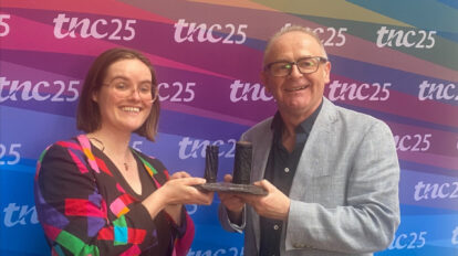 Ronan Byrne, CEO HEAnet, presented with the GÉANT Community Award by Charlie van Genuchten (SURF) at TNC25, held in Brighton, UK