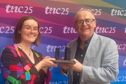 Ronan Byrne, CEO HEAnet, presented with the GÉANT Community Award by Charlie van Genuchten (SURF) at TNC25, held in Brighton, UK