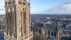 Aerial drone photo of the Dom tower in Utrecht