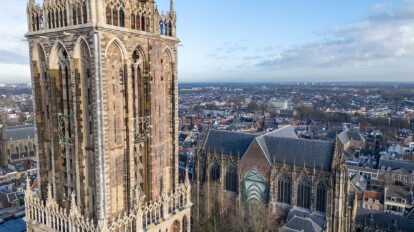 Aerial drone photo of the Dom tower in Utrecht