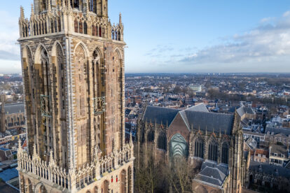 Aerial drone photo of the Dom tower in Utrecht