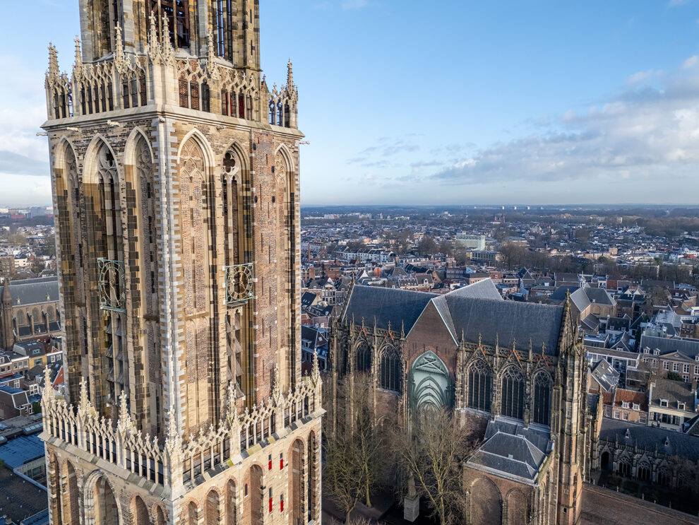 Aerial drone photo of the Dom tower in Utrecht