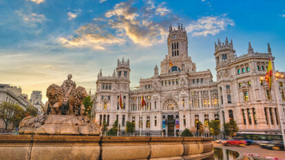 Madrid Spain, sunrise city skyline at Cibeles Fountain Town Square
