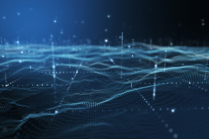 Futuristic flight through a digital line landscape