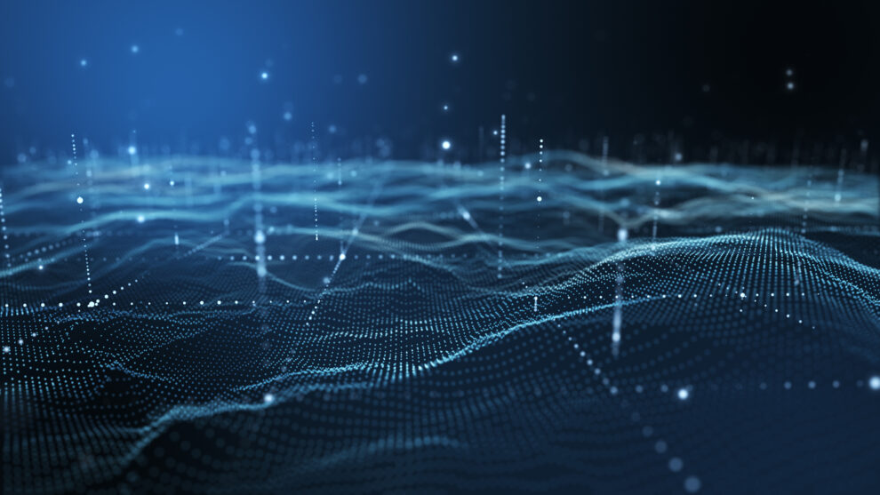 Futuristic flight through a digital line landscape